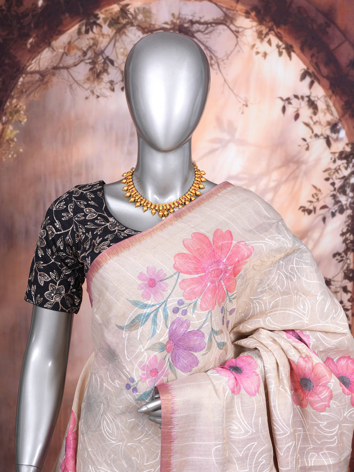Beige with Pink - Linen Cotton Saree
