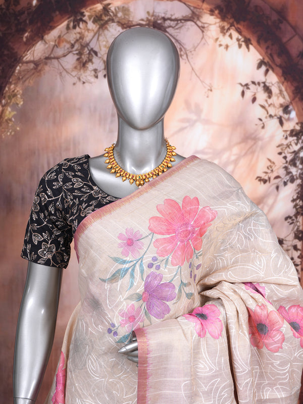 Beige with Pink - Linen Cotton Saree