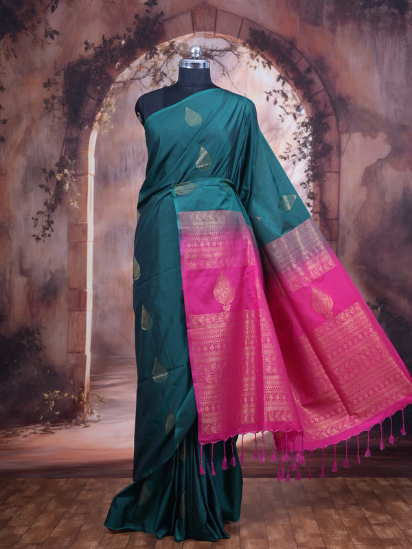 Teal Green With Pink Semi Silk Saree