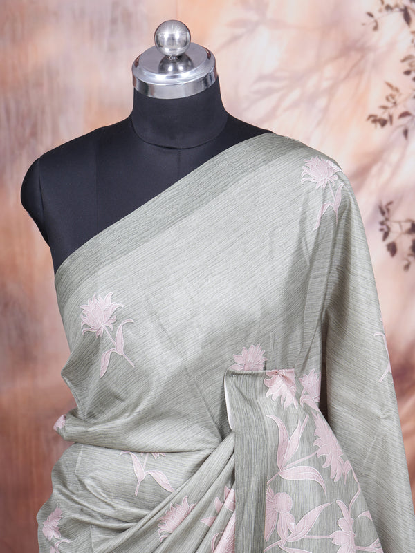 Olive Green with Baby Pink - Semi Tussar Saree
