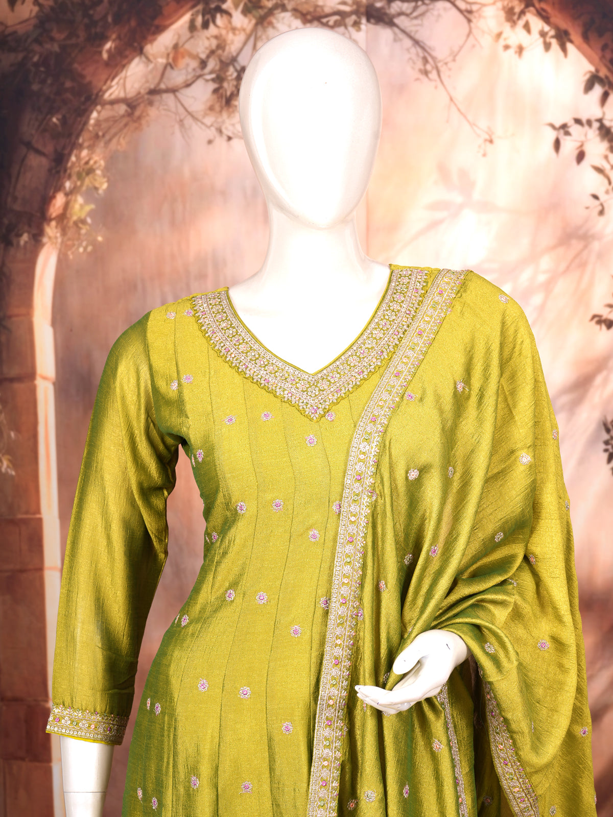 Olive Green with Zari  Dupatta Ready Made Kurti Set