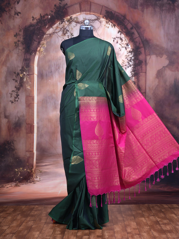 Bottle Green With Pink Semi Silk Saree