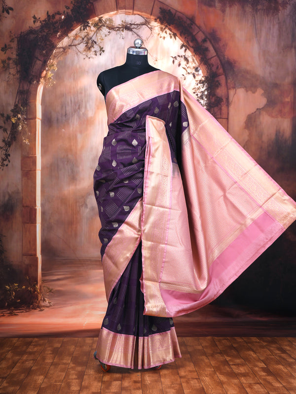 Wine Purple with Peach-Pink Kanchipuram Fancy Silk Saree
