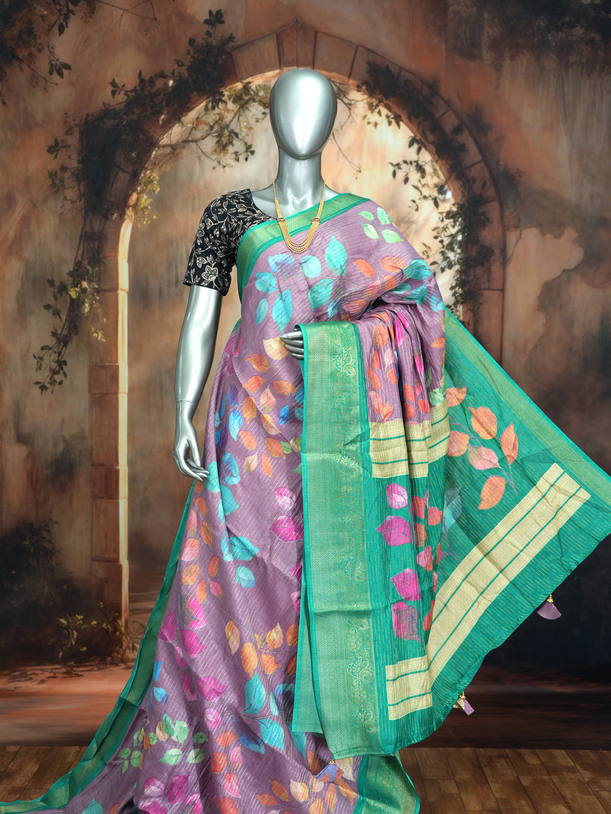 Onion Pink with Sea Green - Semi Raw Silk Saree