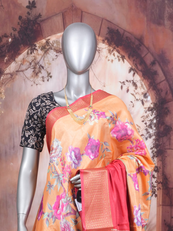 Orange with Pink Saree - Semi Raw Silk Saree