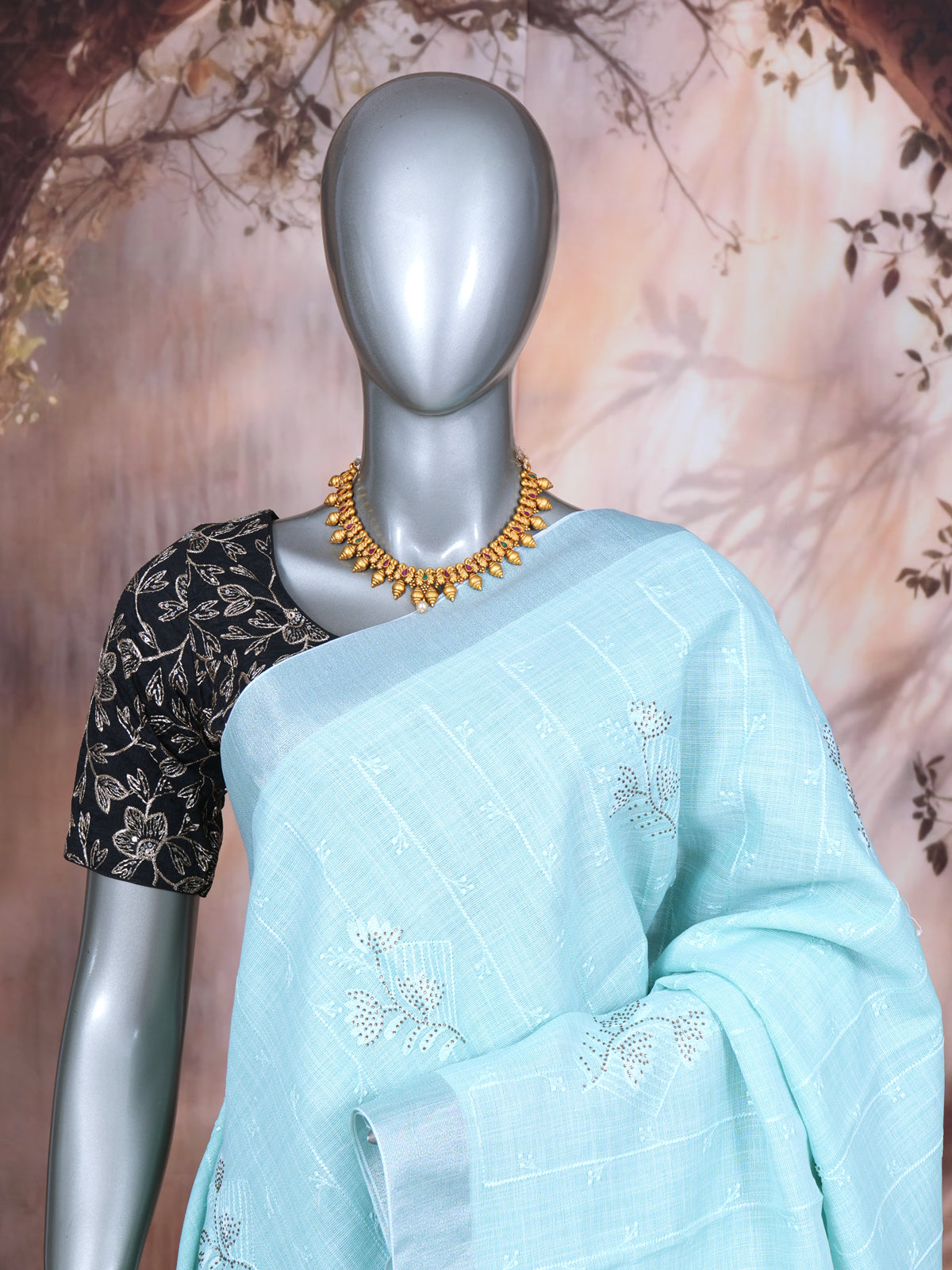 Sky Blue with Silver White Pallu - Linen Cotton Saree