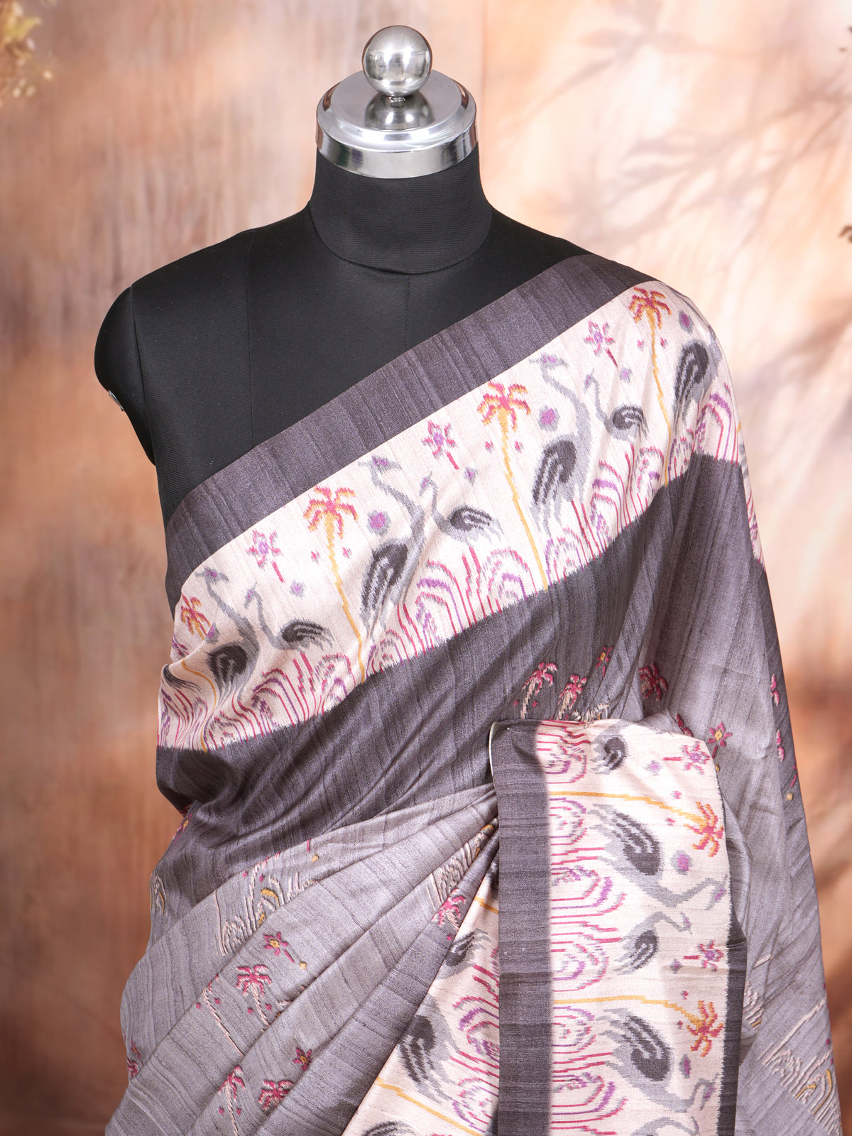 Steel Grey with Cream - Semi Tussar Saree