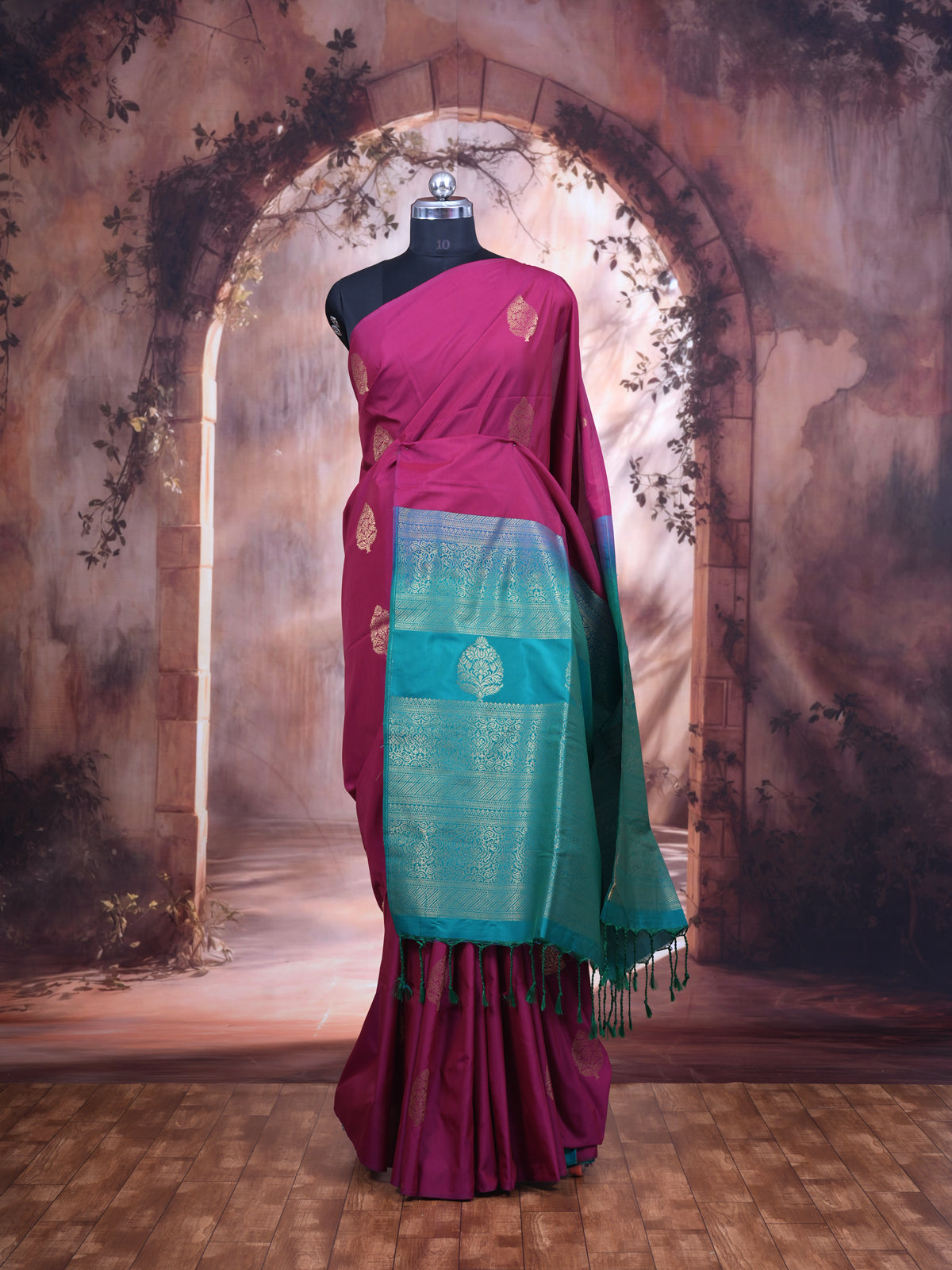 Magenta Pink with Rama green  Semi Silk Saree