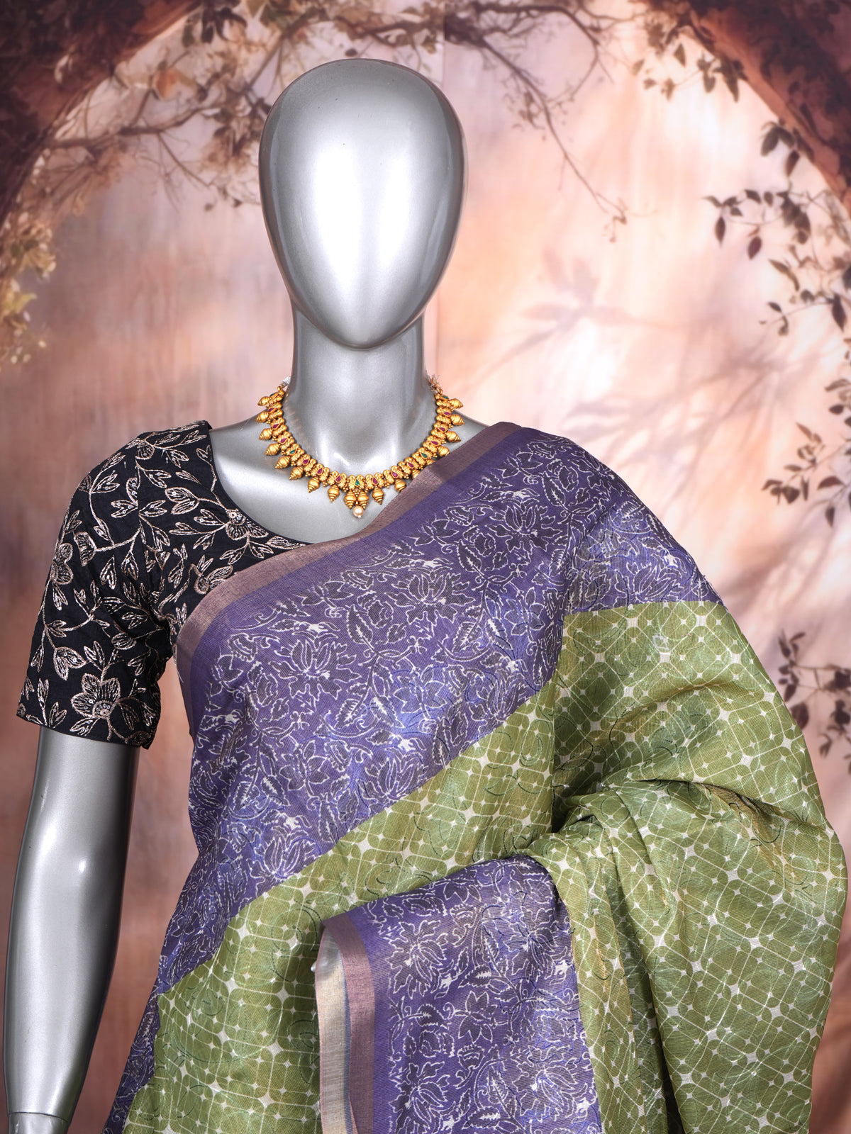 Olive Green with Violet - Linen Cotton Saree
