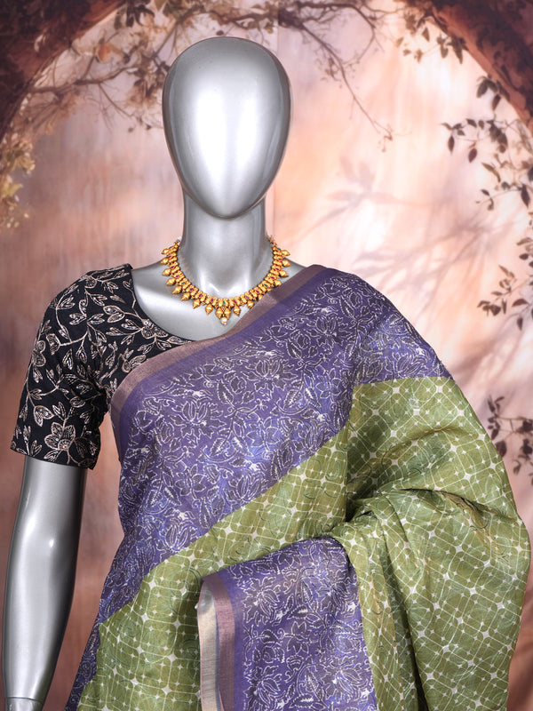 Olive Green with Violet - Linen Cotton Saree