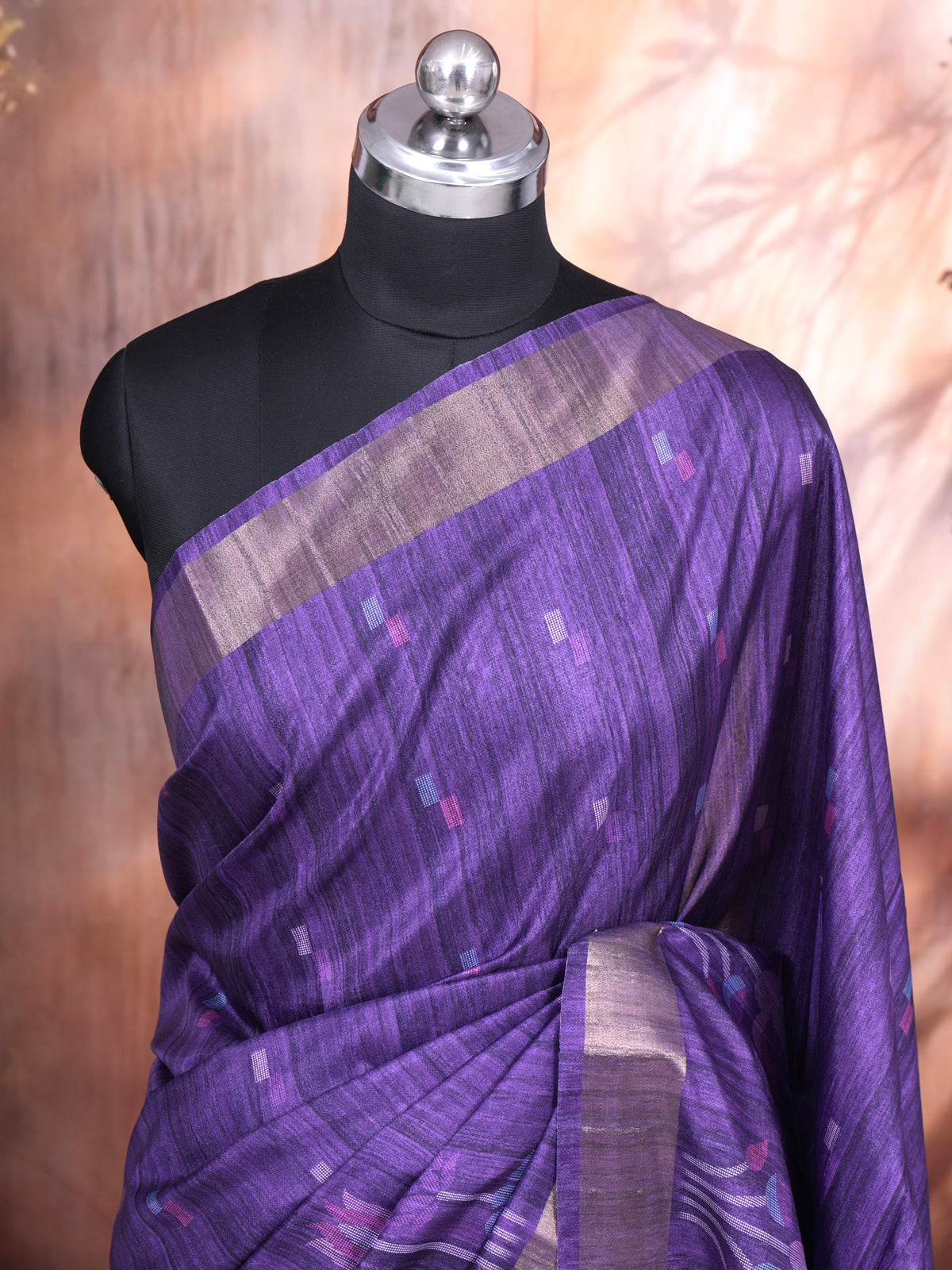 Purple with Floral- Semi Tussar Saree