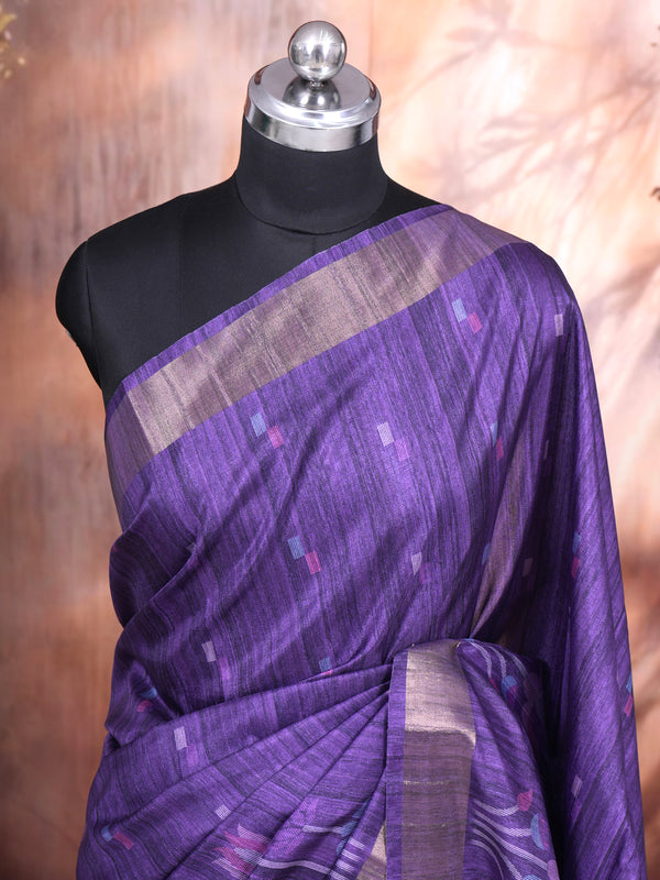 Purple with Floral- Semi Tussar Saree