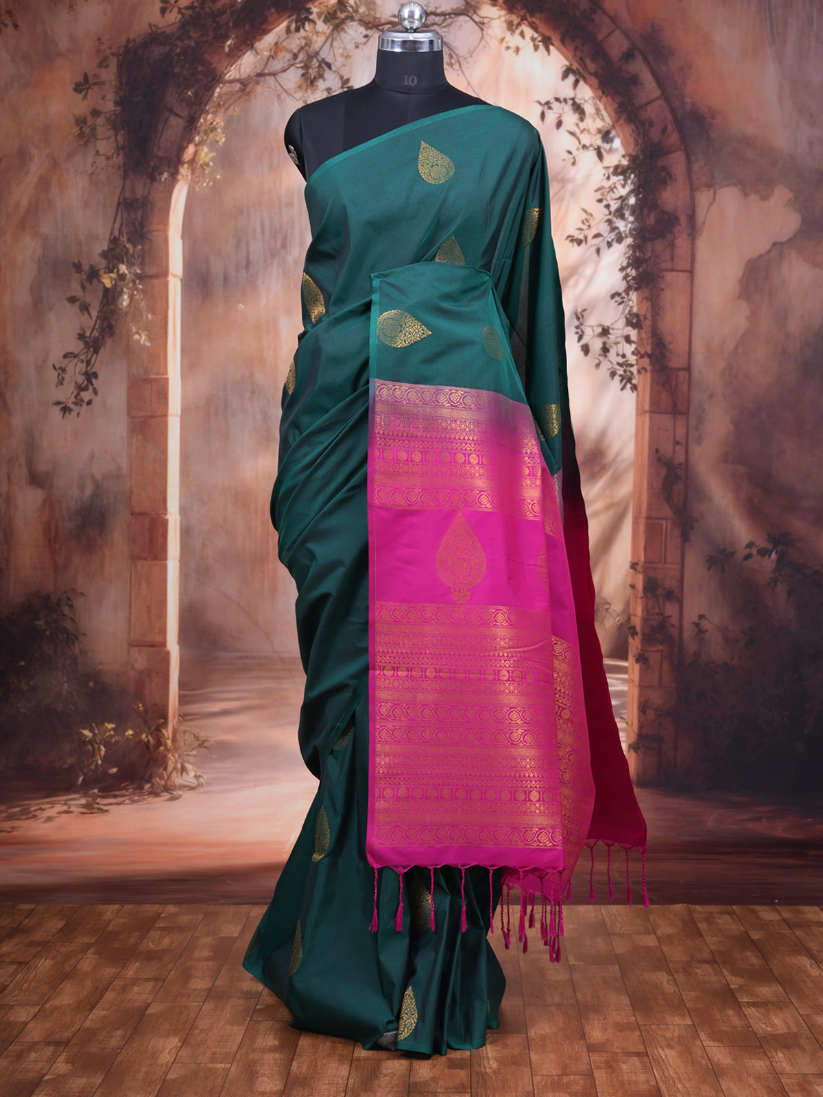 Bottle Green with Rani Pink Semi Silk Saree