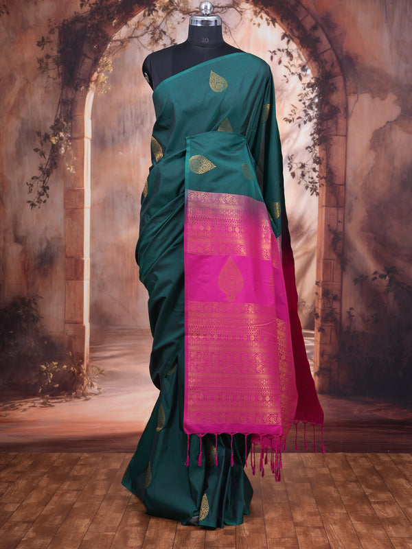 Bottle Green with Rani Pink Semi Silk Saree