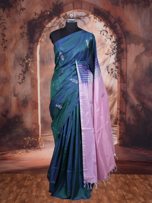 Peacock Blue With Baby Pink Semi Silk Saree