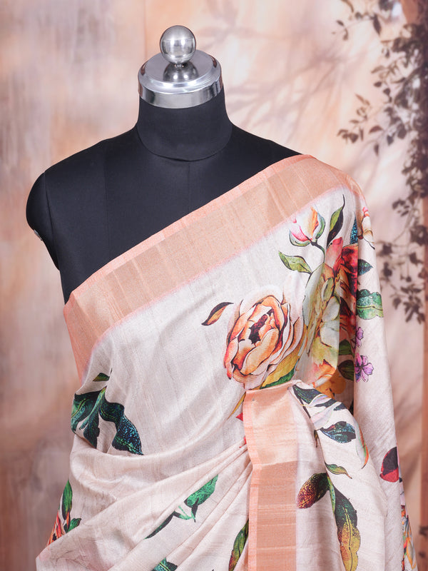 Cream with Peach - Semi Tussar Saree