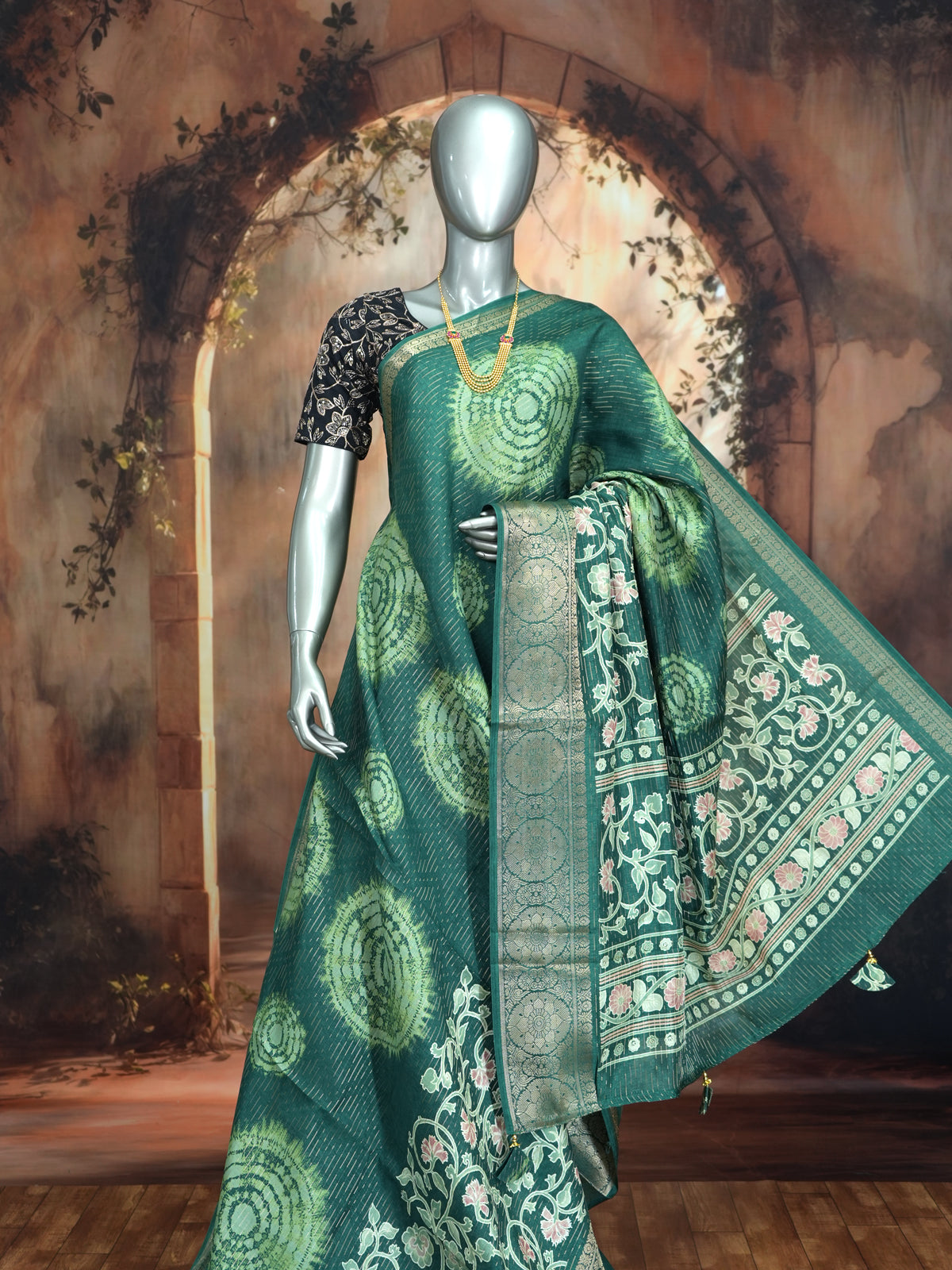 Deep Green with Matching Green and Zari Pallu - Semi Raw Silk Saree