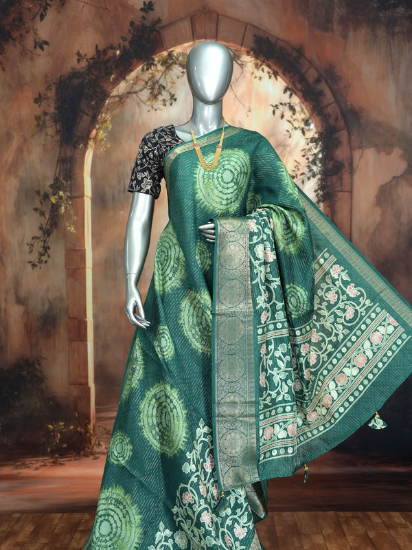 Deep Green with Matching Green and Zari Pallu - Semi Raw Silk Saree