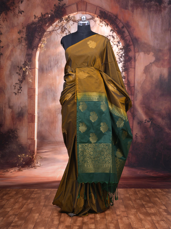 Mustard Gold with  Dark Green Semi Silk Saree