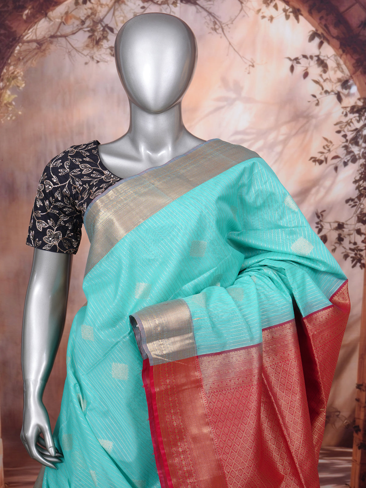 Aqua Blue and Crimson Red Silk Cotton Saree