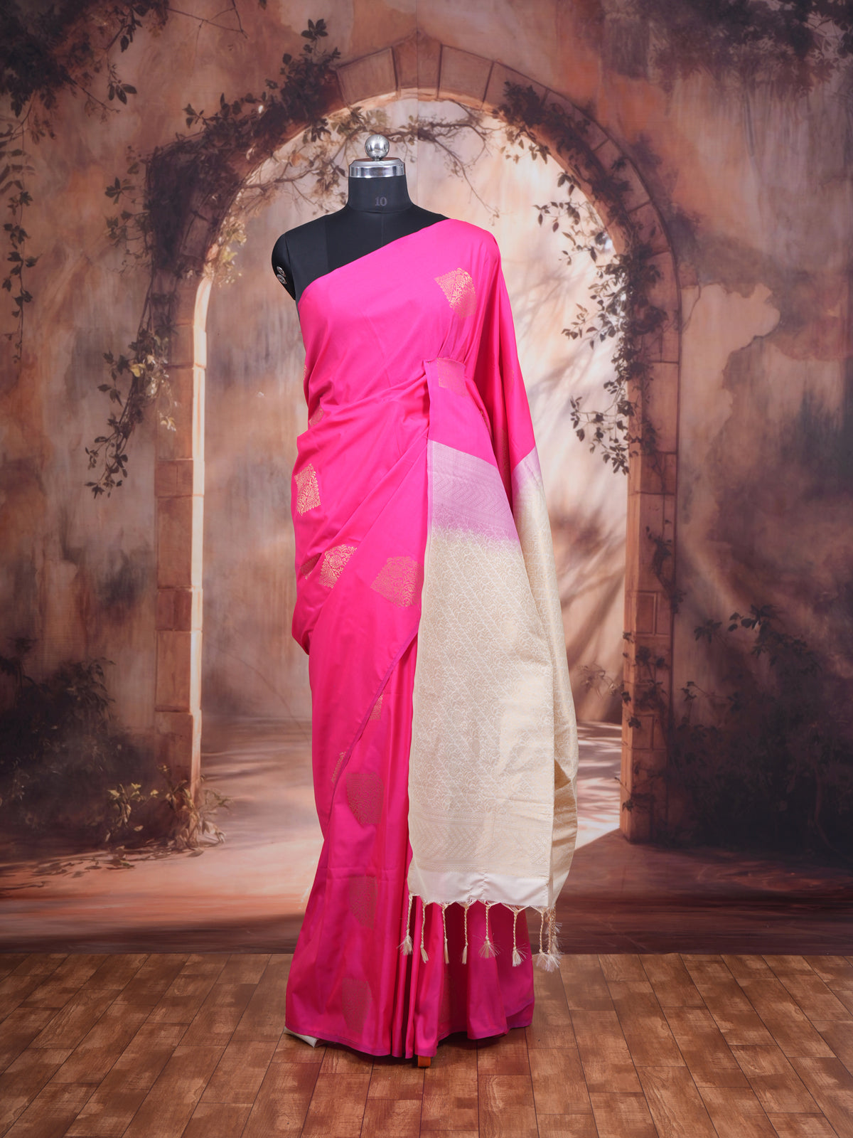 Rani Pink with Light Sandal Semi Silk Saree