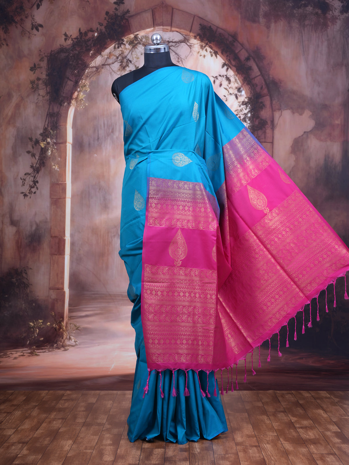 Peacock Blue With Pink Semi Silk Saree