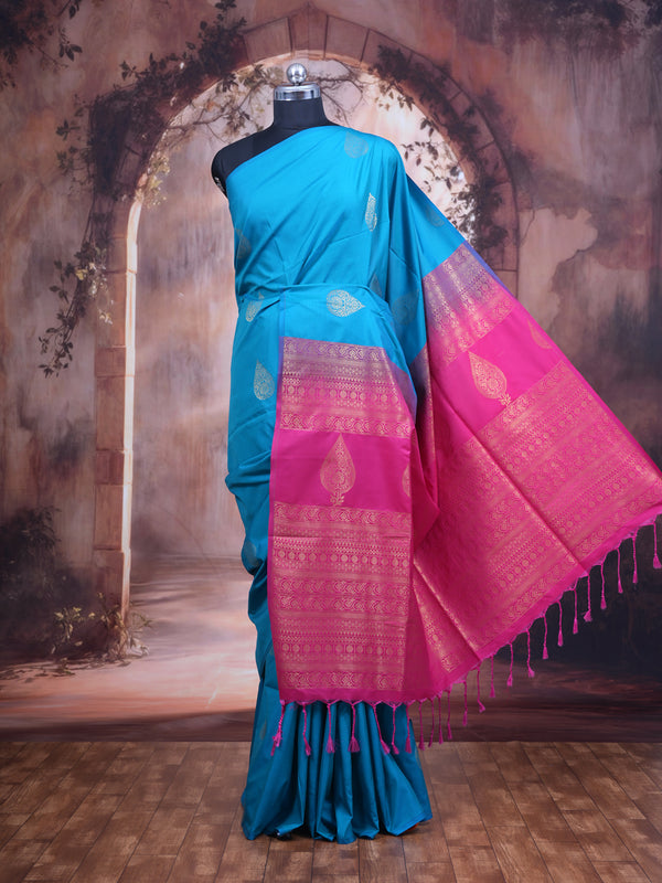 Peacock Blue With Pink Semi Silk Saree