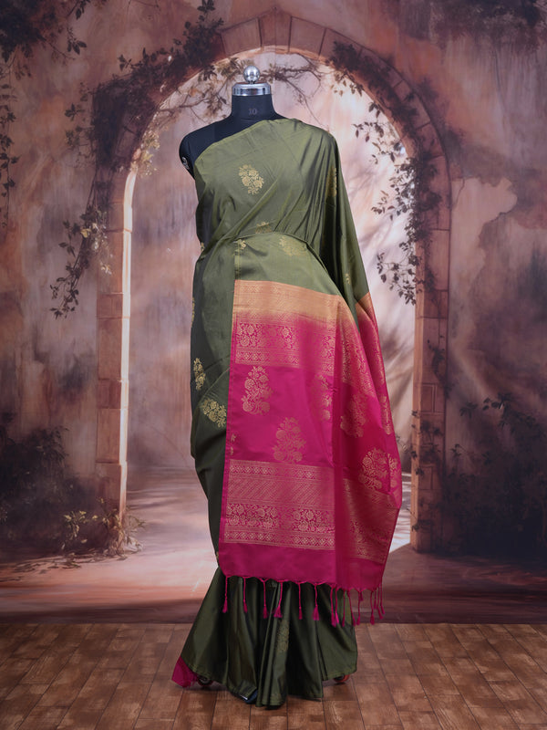 Mehendi Green With Pink Semi Silk Saree