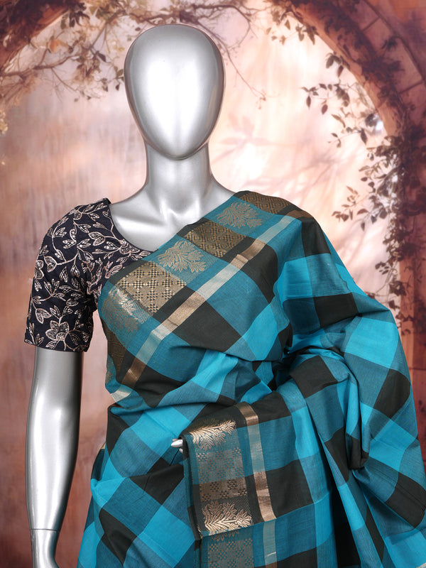 Turquoise Blue and Black Chettinad Cotton Saree