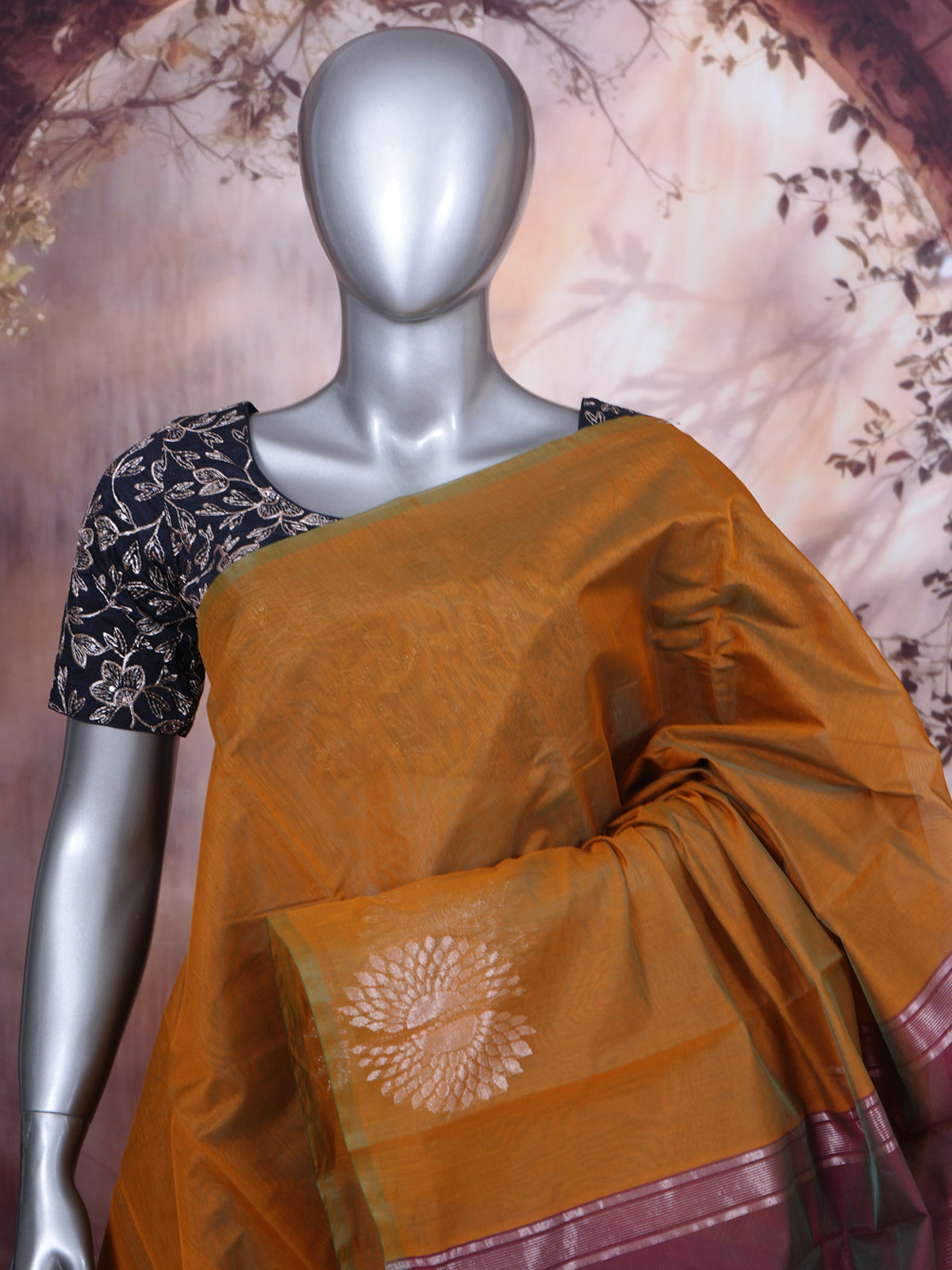 Mustard Yellow and Wine Red Silk Cotton Saree