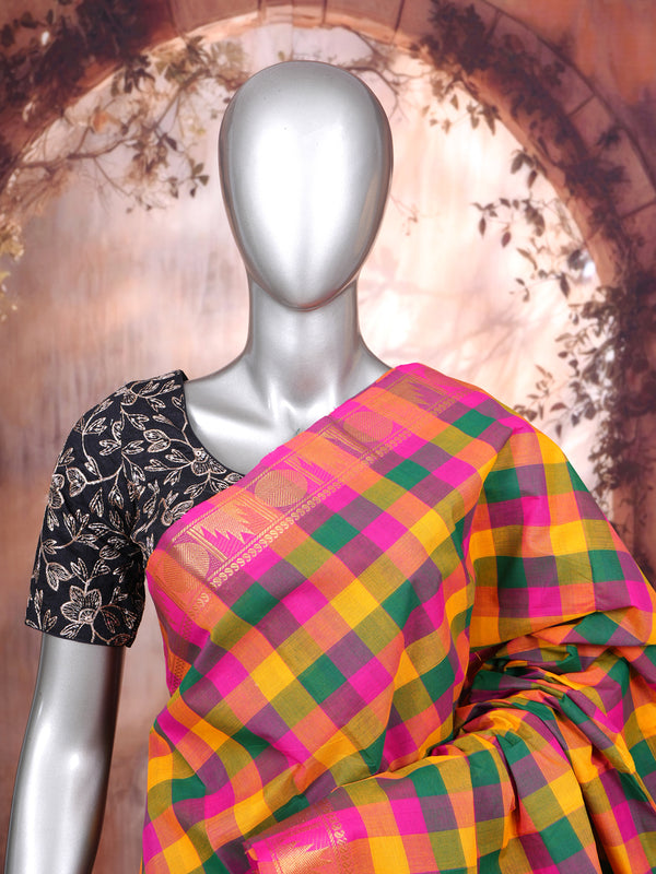 Multicolor Plaid and Pink Chettinad Cotton Saree