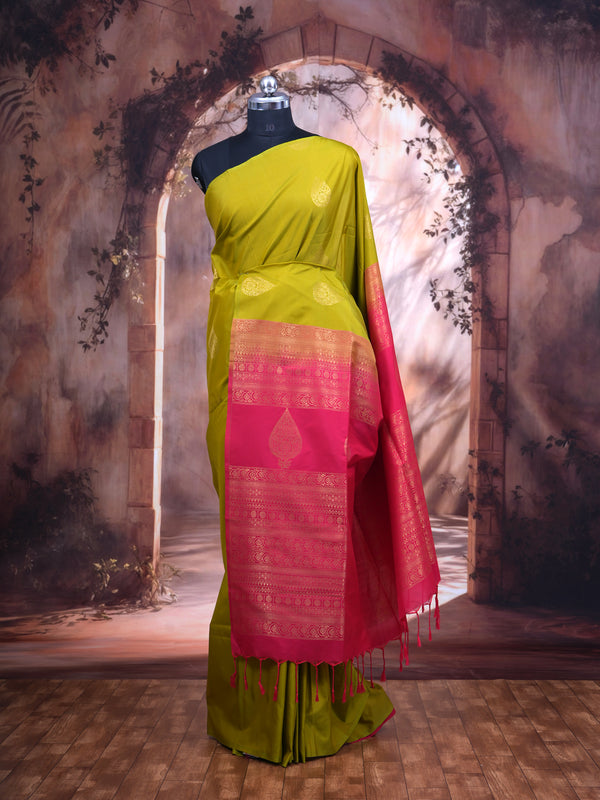 Mehendi Green with Rani Pink Semi Silk Saree