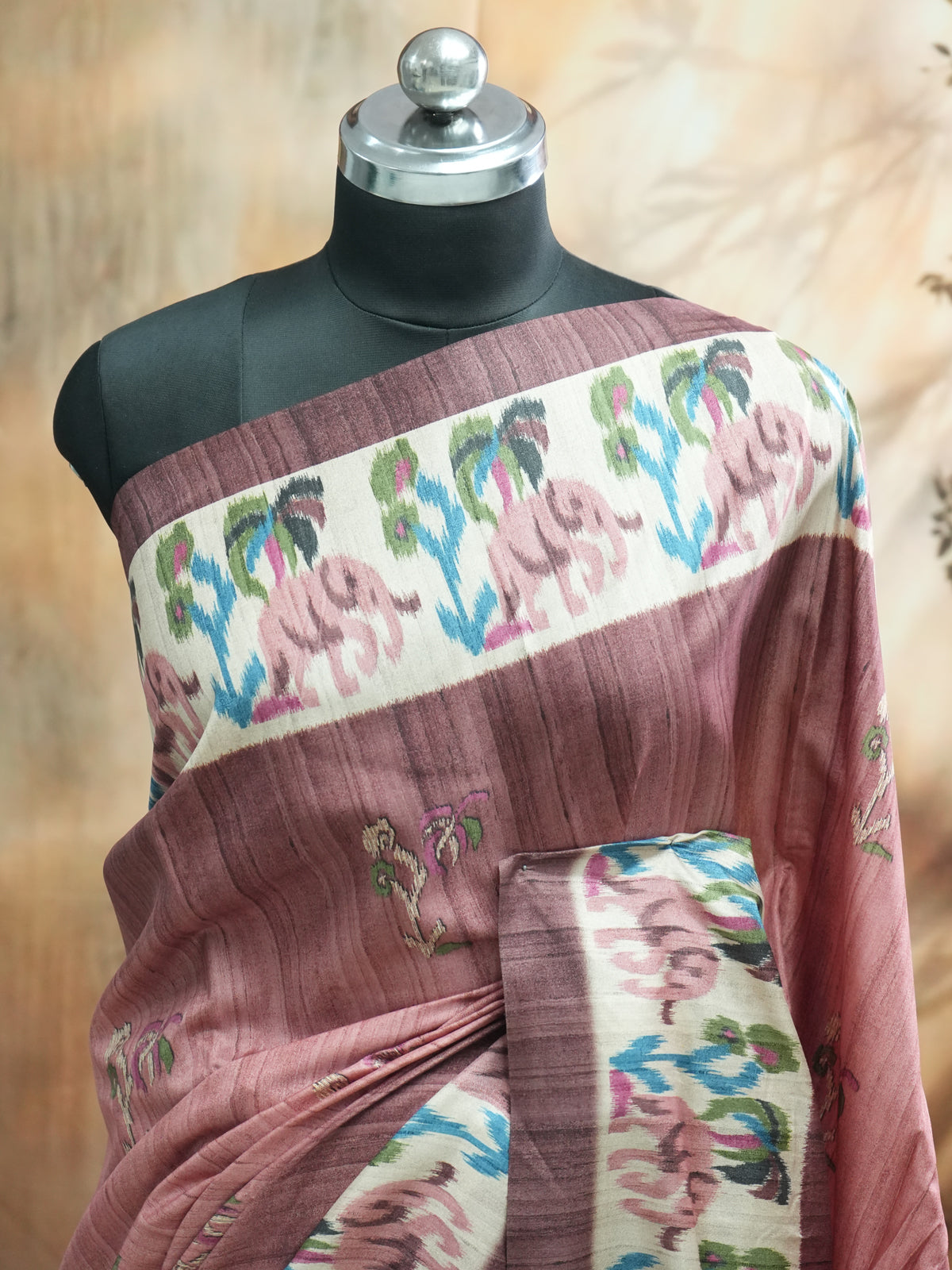 Mauve Pink with Off-White Elephant Motifs - Semi Tussar Saree