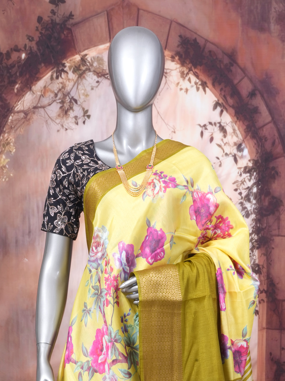 Lemon Yellow with Olive Green - Semi Raw Silk Saree
