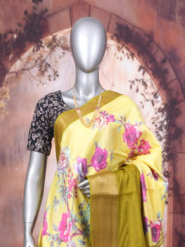 Lemon Yellow with Olive Green - Semi Raw Silk Saree