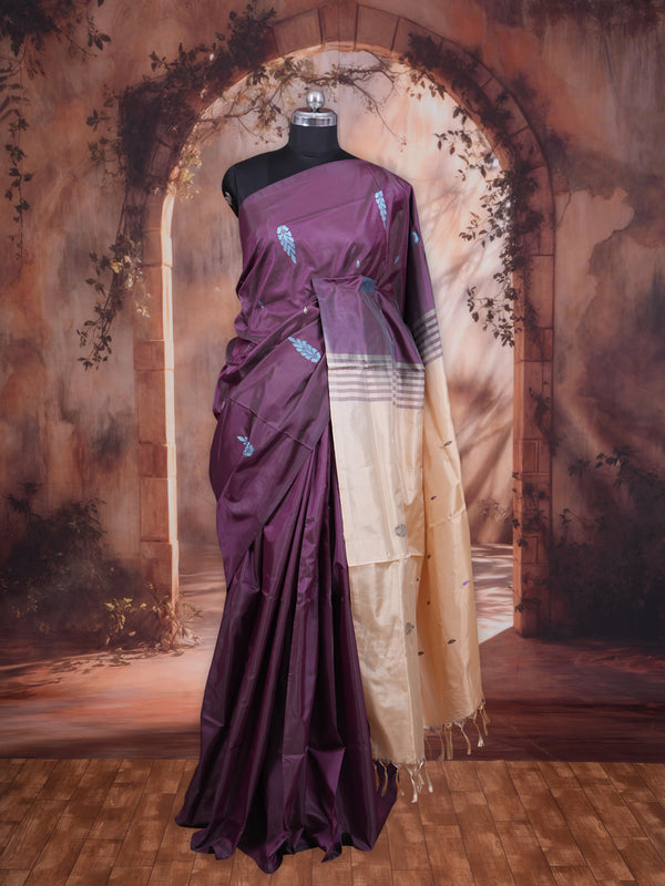 Wine Purple With Beige Semi Silk Saree