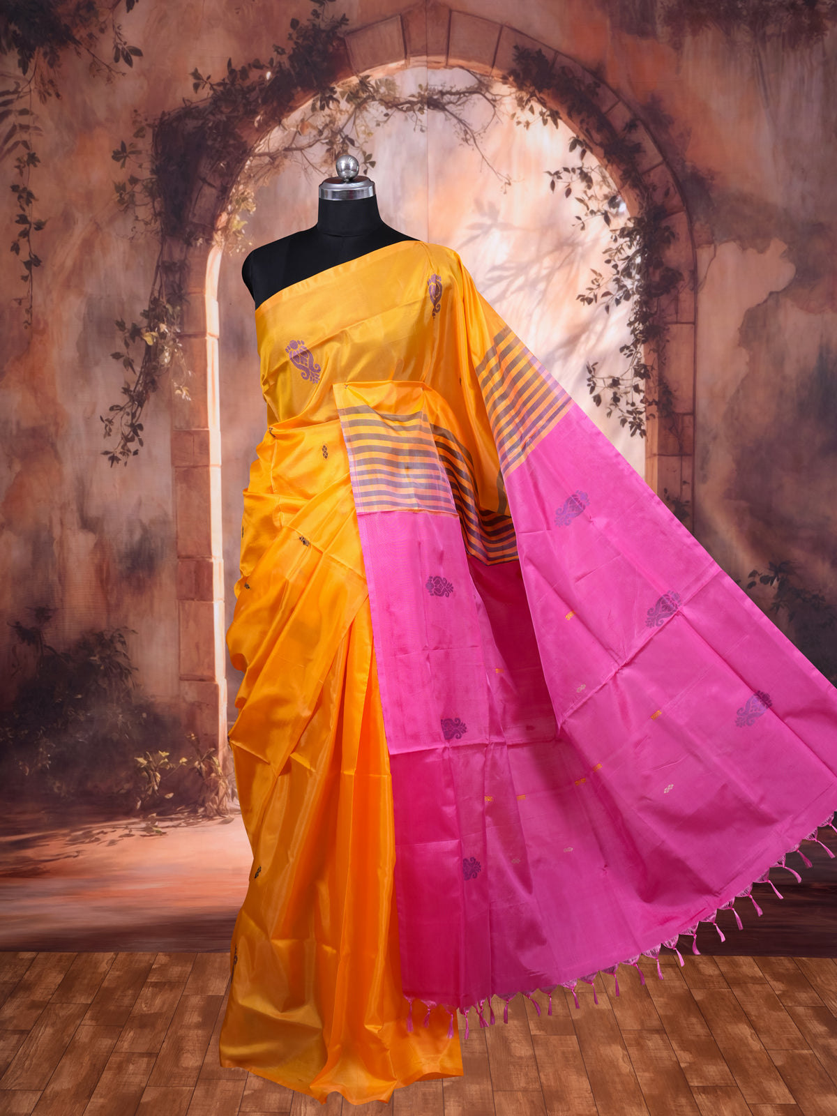 Yellow With Pink Semi Silk Saree