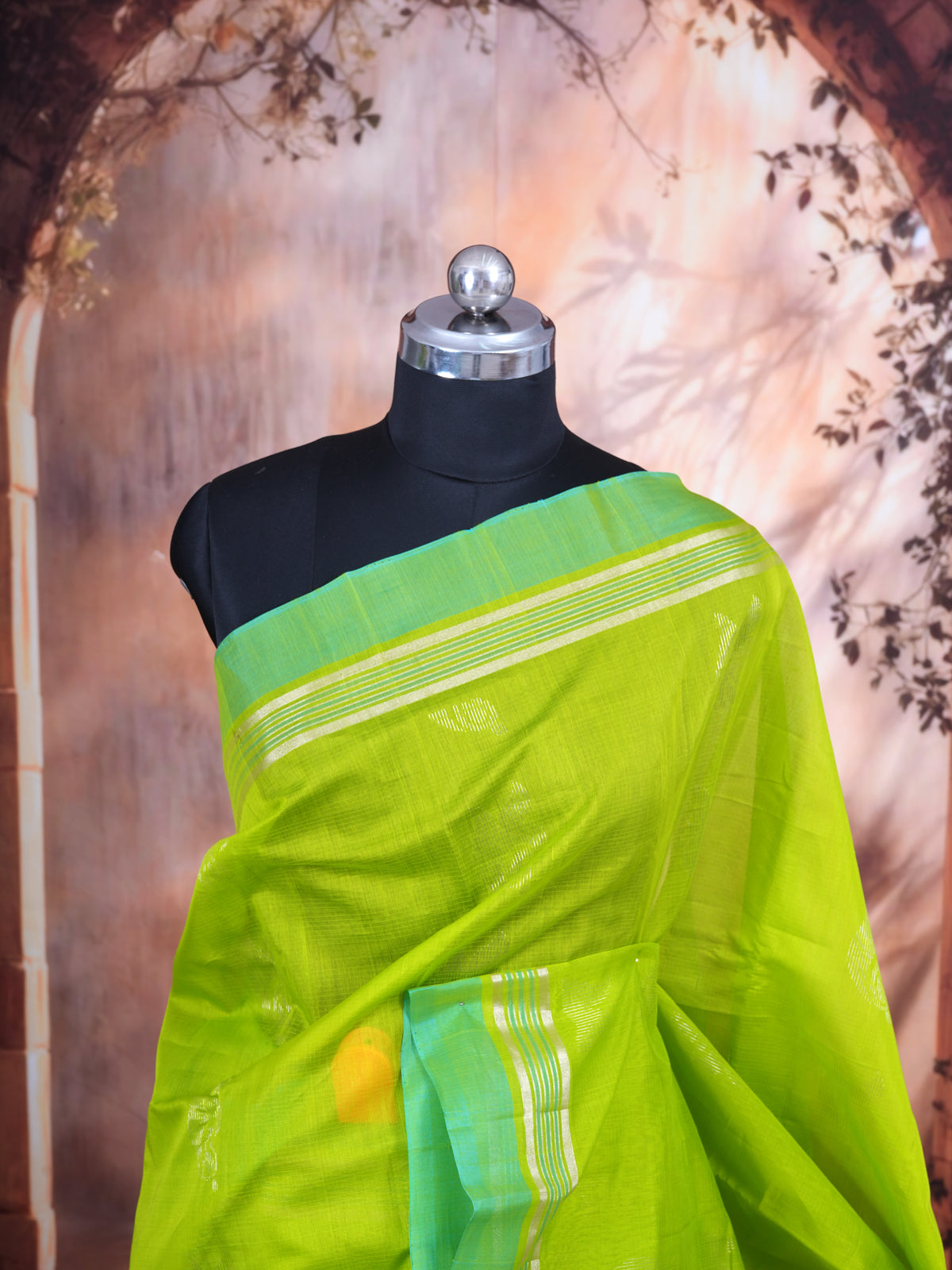 Lime Green with Turquoise Blue - Pure Silk Cotton Saree