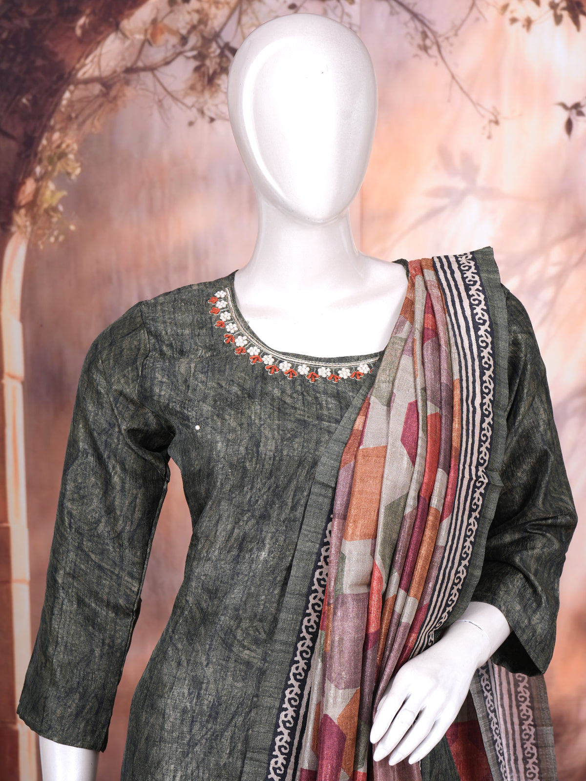Olive Green with Multicolor Dupatta Ready Made Salwar Suit