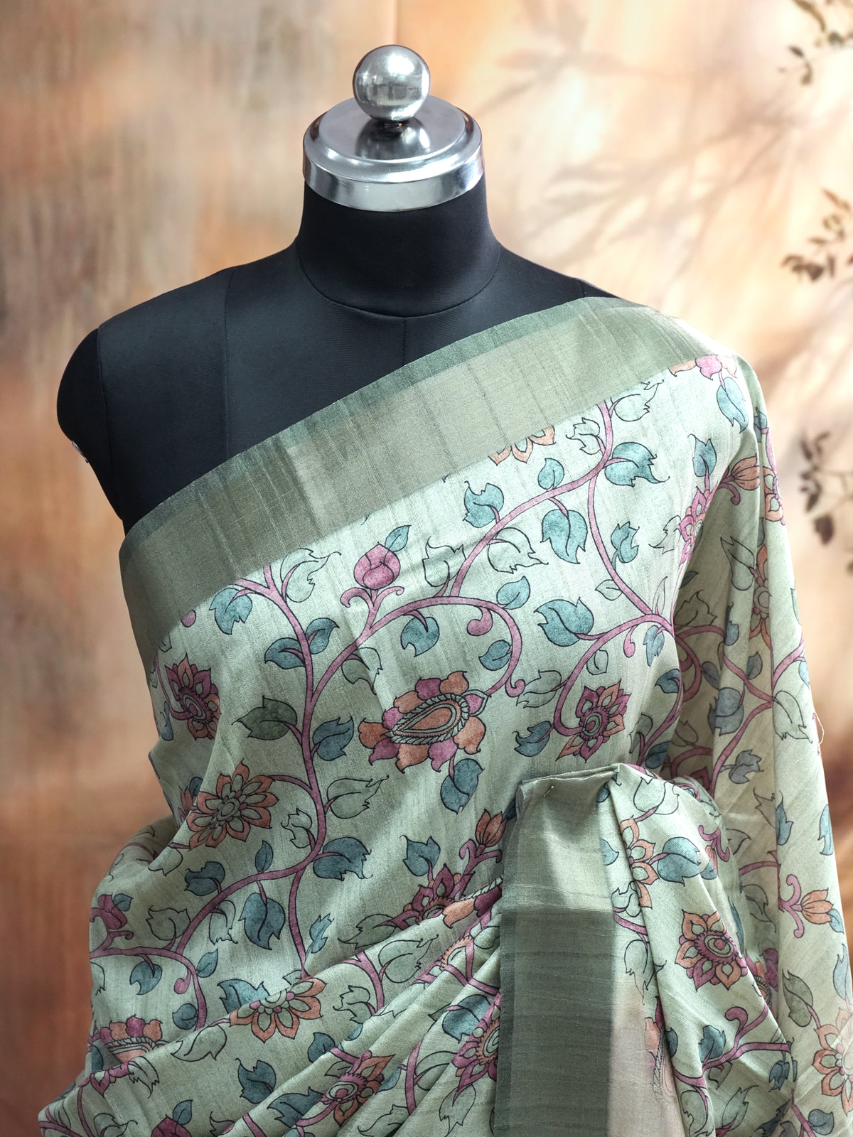 Cream with Sage Green - Semi Tussar Saree