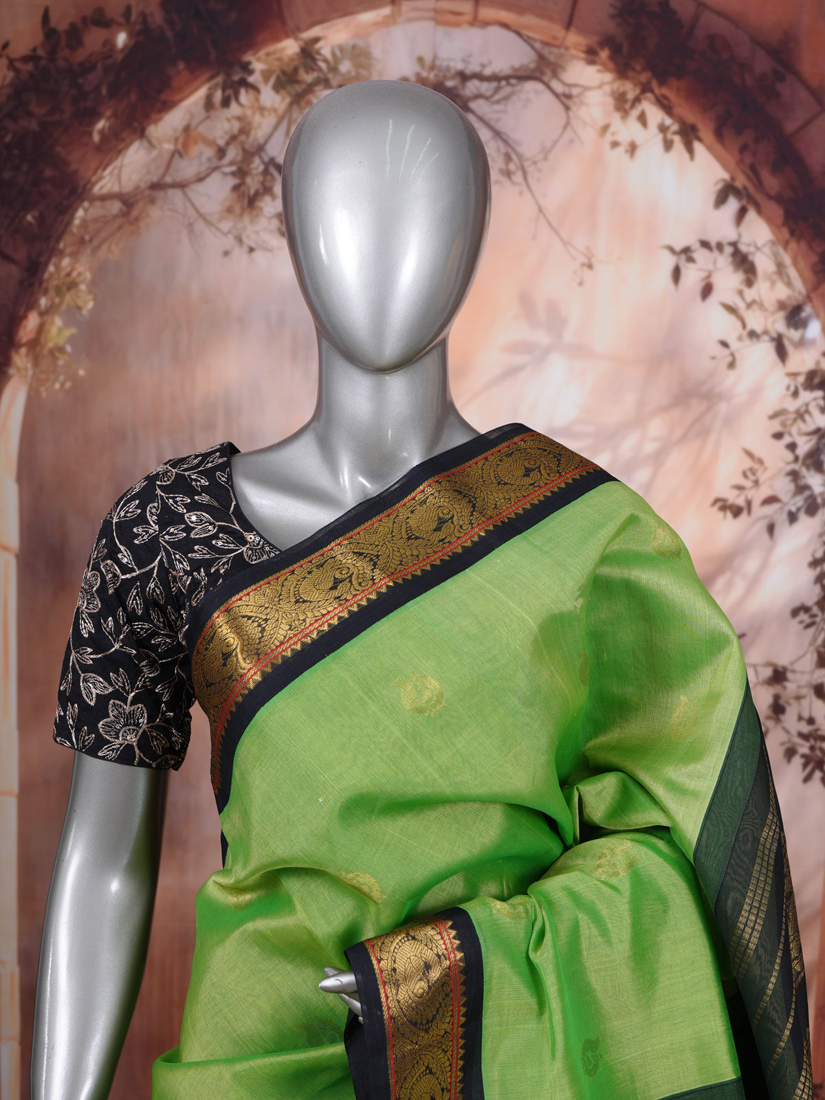 Elegant Parrot Green Pure Silk Cotton Saree with Traditional Zari Border