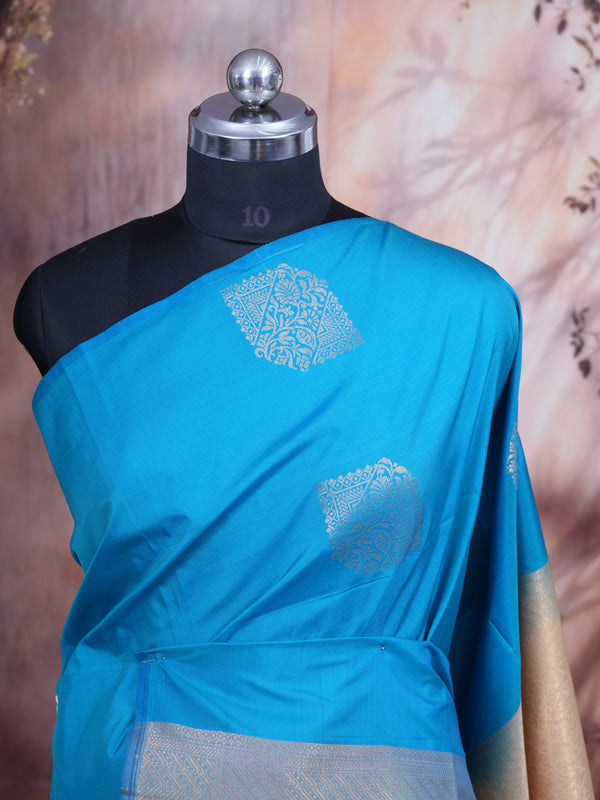 Teal Blue with  Light Sandal Semi Silk Saree