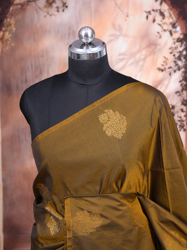 Mustard Gold with  Dark Green Semi Silk Saree
