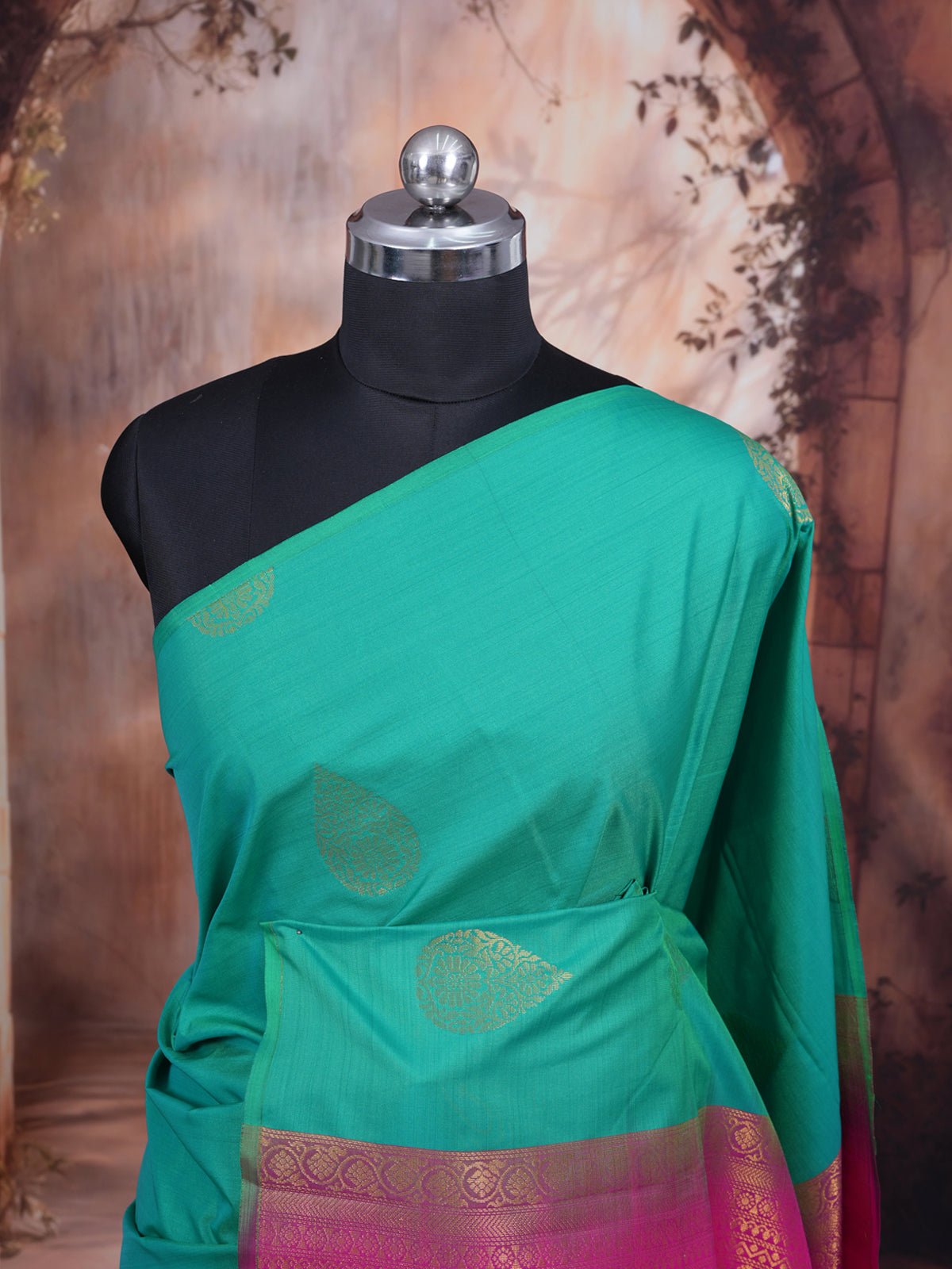 Rama Green with Rani Pink Semi Silk Saree