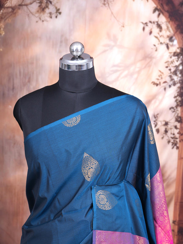 Peacock Blue with Rani Pink Semi Silk Saree
