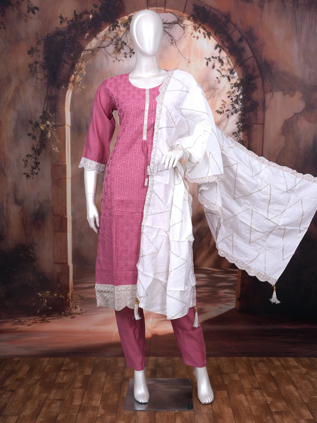 Magenta with White Ready Made Salwar Suit