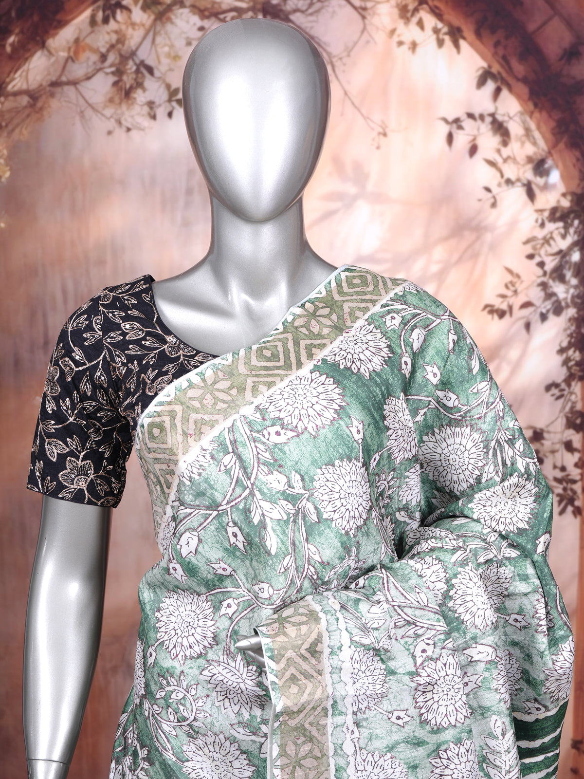 Sage Green and Cream with Forest Green Munthi Dola Silk Saree