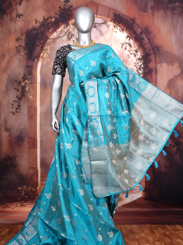 Turquoise Blue with Silver - Semi Tussar Saree