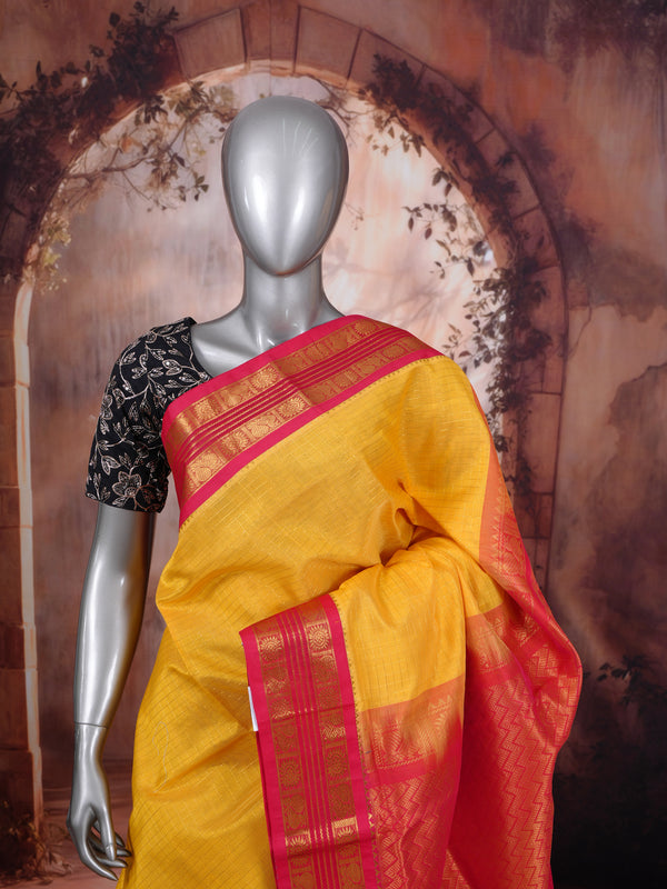 Pure Silk Cotton Saree in Mustard Yellow and Magenta Pink – Handloom Festive Wear