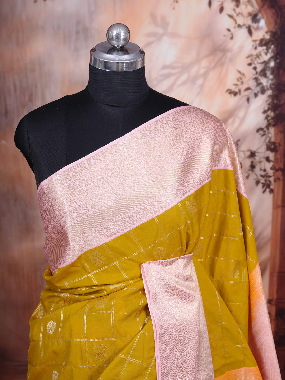 Mustard Green with Pastel Pink Kanchipuram Fancy Silk Saree